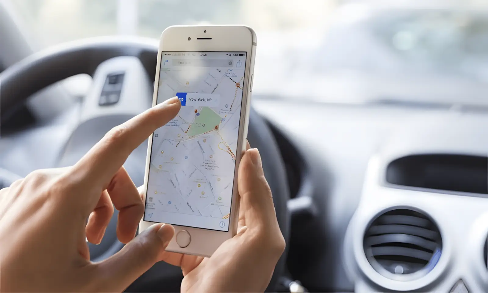 Person using smartphone navigation app inside car