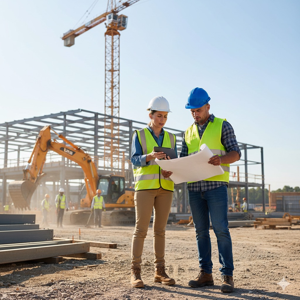 Construction managers reviewing blueprints at active building site