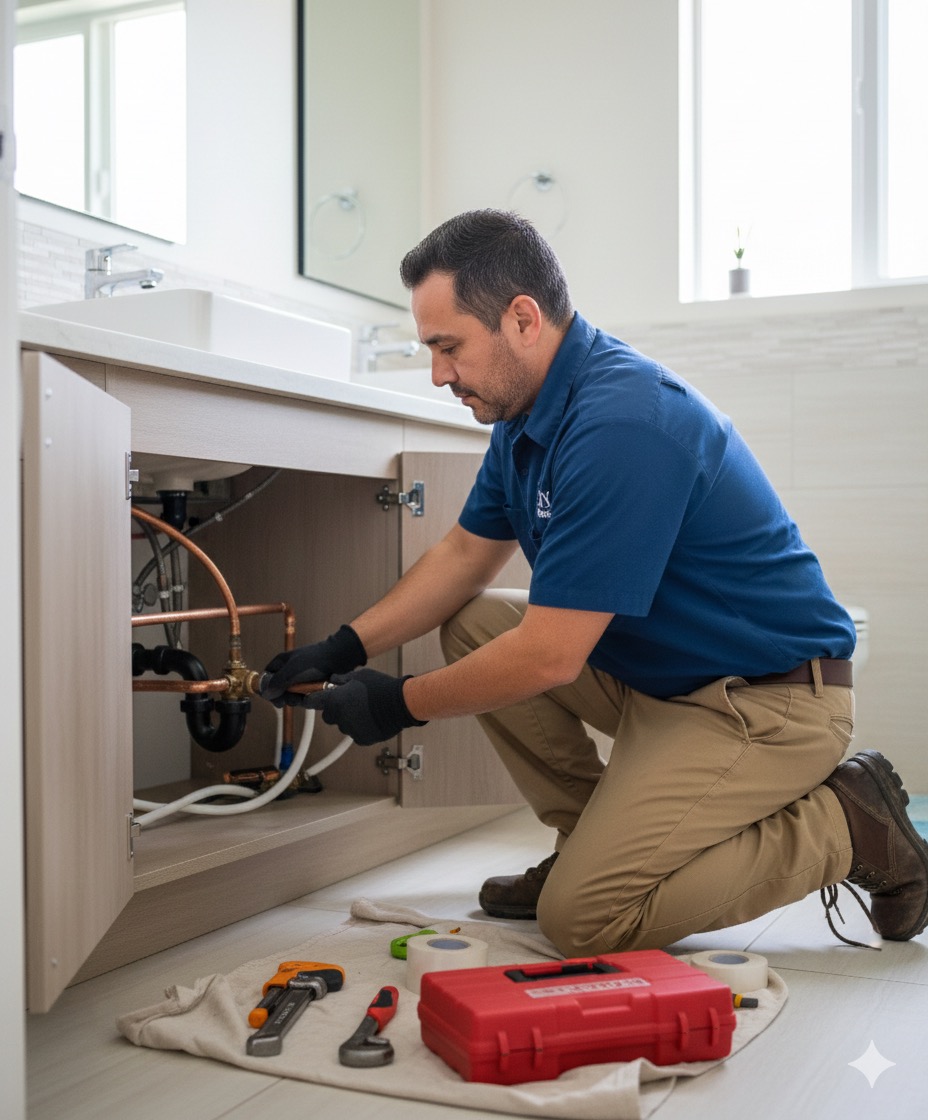 Plumber fixing pipes under bathroom sink cabinet