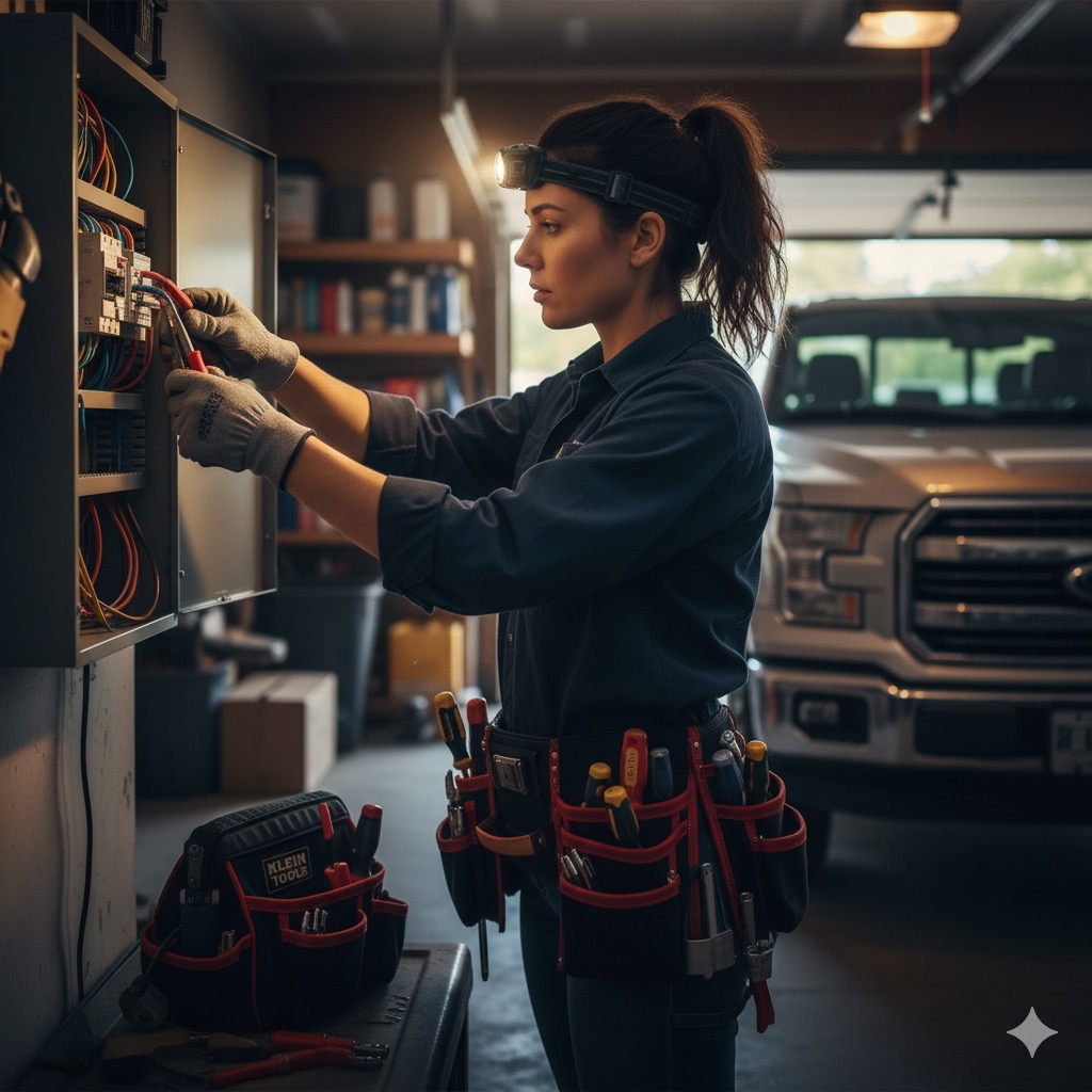Electrician repairing circuit breaker panel in garage
