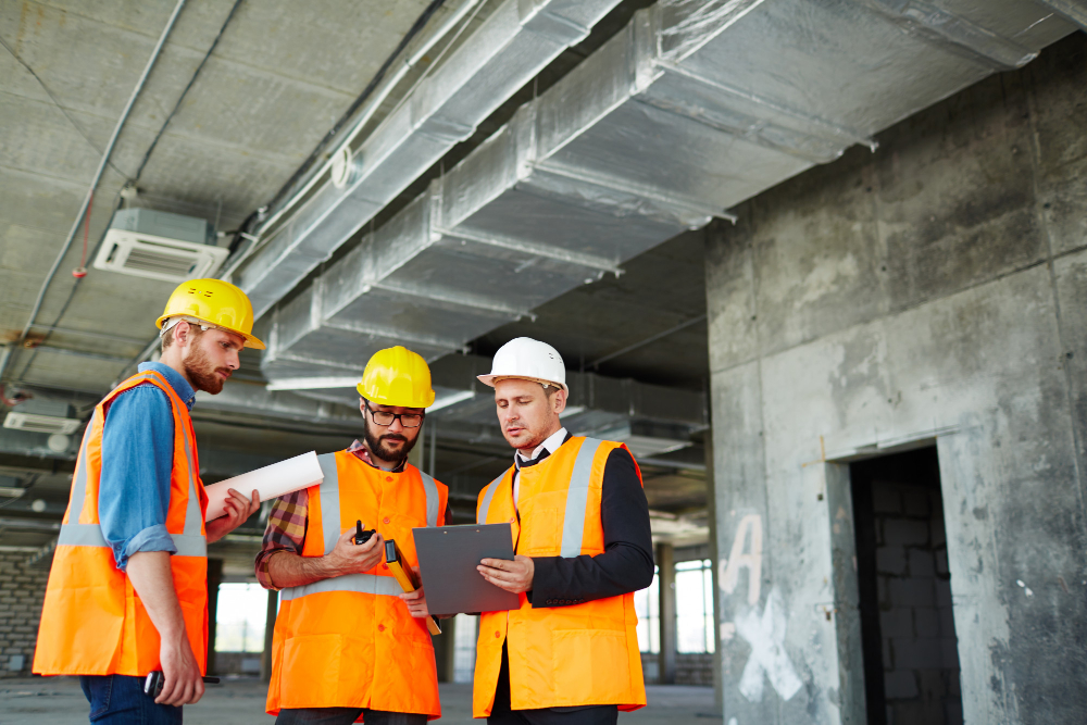Engineer in hard hat reviewing plans outside building