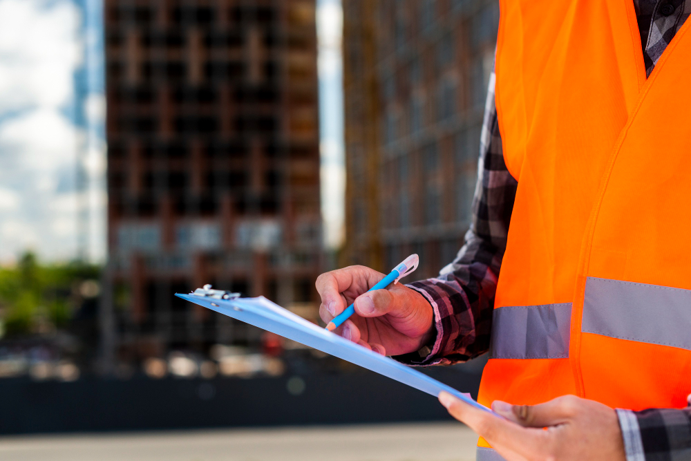 Construction worker in safety vest writing on clipboard